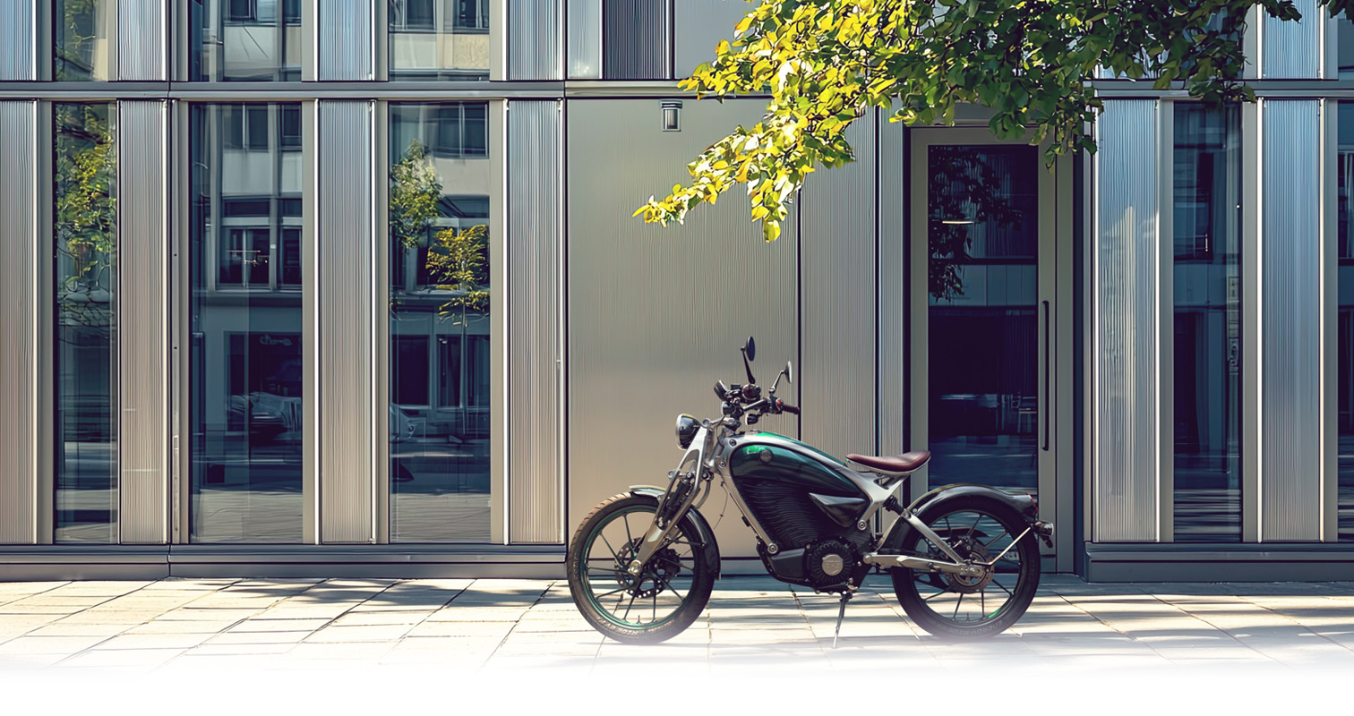 Flying Flea C6 Electric Motorcycle showcased in full frame outdoor view